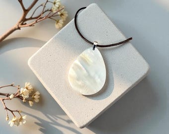 Native made Large Teardrop Shell pendant necklace, mother of pearl, freshwater natural shell, white and cream toned