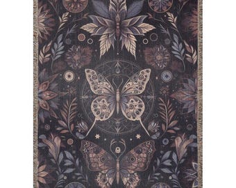Manta tejida con mariposas oscuras, manta bohemia con mariposas, decoración floral oscura