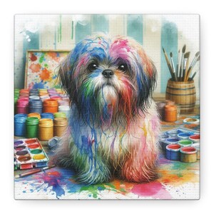 May include: A colorful painting of a Shih Tzu dog covered in paint splatters. The dog is surrounded by paint supplies, including paint pots, brushes, and a palette. The dog's fur is a mix of rainbow colors, and the background has a watercolor effect.