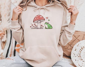 Felpa con cappuccio a forma di rana e fungo, felpa con cappuccio cottagecore con cappuccio a forma di rana e fungo