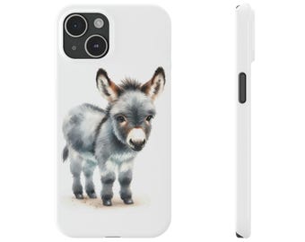 May include: A white phone case with a watercolor illustration of a gray donkey. The donkey is standing on a white background.