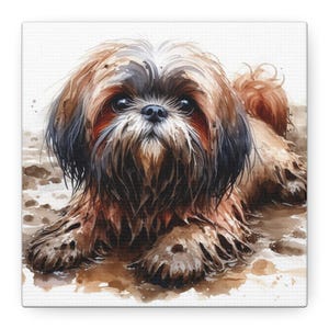 May include: Watercolor painting of a Shih Tzu dog, lying down with a muddy appearance. The dog has brown, black, and white fur, with a focused gaze. The artwork is on a white canvas.