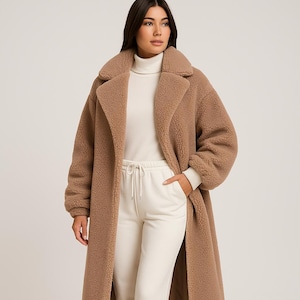 Camel Brown Teddy Coat Long Fleece Warm Winter Plush Outerwear with Pockets | Cozy Casual Women’s Coat By Wovex | Custom Name Initials