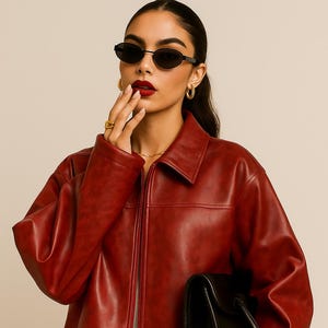 May include: A red leather jacket with a collared neckline and a front zipper. The jacket is paired with a black handbag and sunglasses. The model is wearing gold hoop earrings and a gold ring.