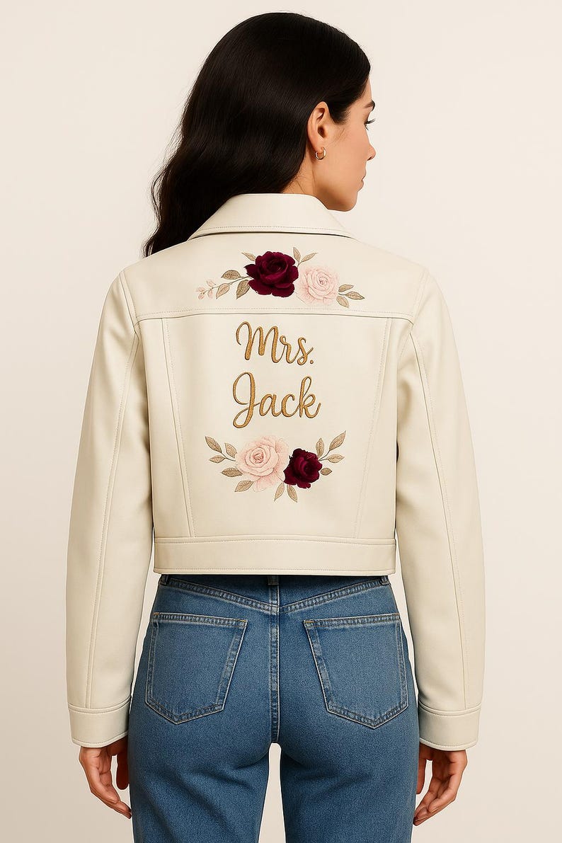Custom Mrs. Jack Embroidered White Leather Jacket | Bridal Moto Jacket ...