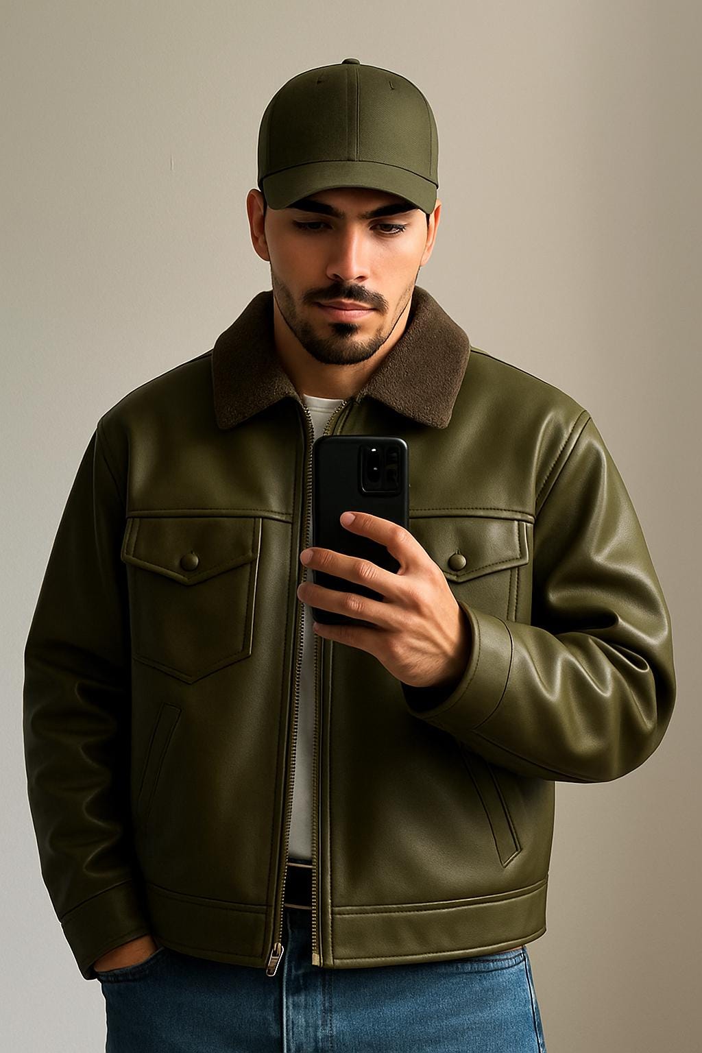 Wovexのオリーブグリーンレザーボンバージャケット（シアリングカラー