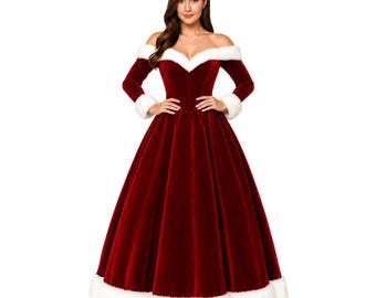 Vestido navideño de terciopelo rojo de Papá Noel para mujer con ribete de piel sintética, hombros descubiertos, disfraz navideño, vestido de fiesta de invierno de Wovex.