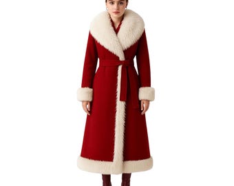 Luxury Red Christmas Coat for Women Long Winter Wool Coat with White Faux Fur Trim Holiday Santa Style Overcoat Festive Warm Belted Jacket