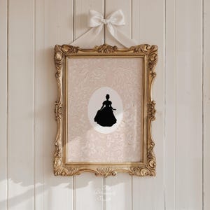 Elegante prinses silhouet kunst aan de muur, vintage kinderkamer muurkunst goud, vrouwelijk bloemendecor, sprookjesachtige esthetiek voor kinderkamer of slaapkamer