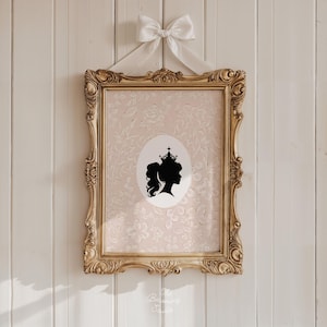 Elegante prinses silhouet kunst aan de muur, vintage kinderkamer muurkunst goud, vrouwelijk bloemendecor, sprookjesachtige esthetiek voor kinderkamer of slaapkamer