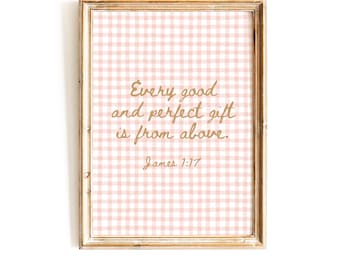 Pink Gingham Christian Print, James 1:17 Bible Verse (Digital Download)