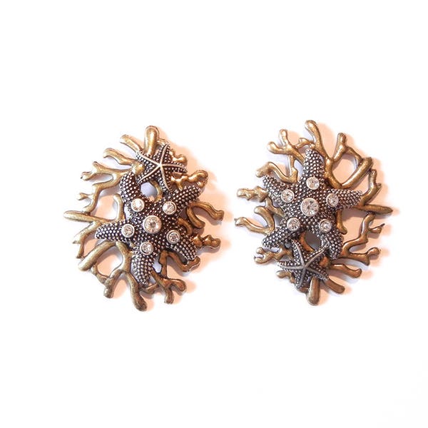 2 Starfish in Antique Silver-tone on Antique Gold-tone Coral Pendant Charms