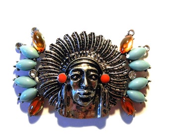 4 Link Indian Chief Head Pendant Turquoise and Topaz Acrylic Cabochons Antique Silver-tone