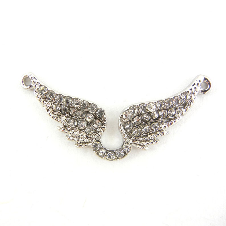 Small Rhinestone Double Link Wings Pendant Silver-tone