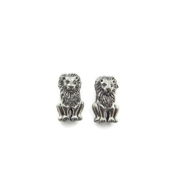 Pair of Silver-tone Pewter Sitting Lion Beads