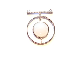 Contemporary Double Link Round Acrylic White Cabochon Pendant with Rhinestone Bar Silver-tone