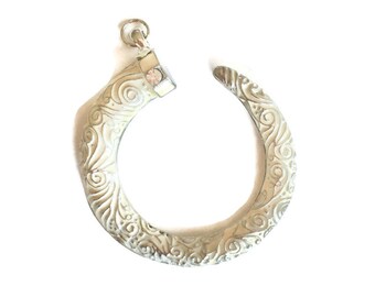 Large Round Tribal Metal Horn Pendant White Silver-tone Dimensional