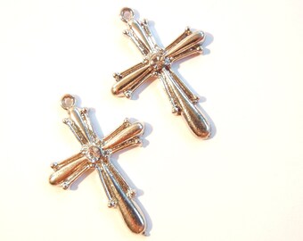 Pair of Silver-tone Cross Charms with Rhinestone Center