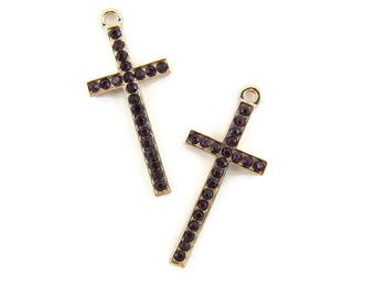 Pair of Gold-tone Cross Charms with Amethyst Purple Rhinestones