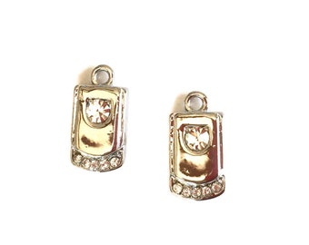 Pair of Tiny Flip Cell Phone Charms with Rhinestone Accent Silver-tone