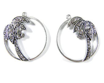 Pair of Round Rhinestone Palm Tree Charms Silver-tone