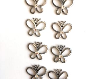 8 or 4 Pairs of Vintage Antique Matte Silver-tone Outline Butterfly Charms with Center Rhinestone