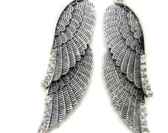 Pair of Antique Silver-tone Double Wing Charms with Rhinestone Accents