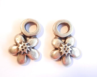 Pair of Chunky Large Loop Flower Charms Antique Silver