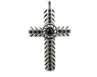 Large Herringbone Design Cross Pendant with Black Rhinestone Accents