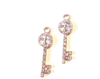 Small Pair of Rhinestone Skeleton Key Fleur de Lis Charms