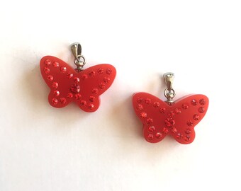 2 Vintage Red Acrylic and Rhinestone Butterfly Pendants