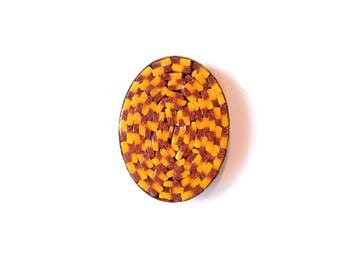 Vintage Oval Mustard and Burgundy Glass Mosaic Cabochon Made in Italy