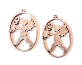 Set of 2 Antique Silver-tone Oval Cupid Charms