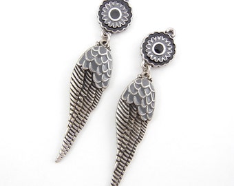 Gray Epoxy Wing Charms Pair Antique Silver-tone