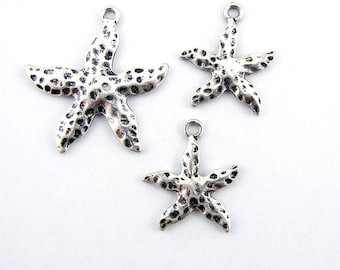 Set of Starfish Pendant and Charms Textured Antique Silver-tone