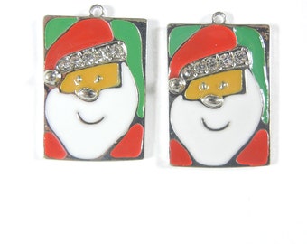 Pair of Santa Head Charms Rectangular with Rhinestones and Red and Green Epoxy
