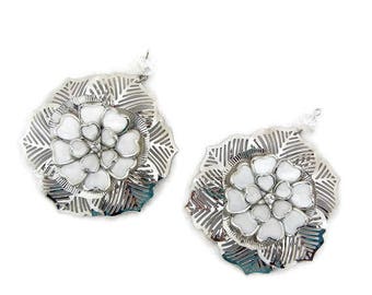 Pair of Large Oversized Dimensional Silver-tone Filigree Flower Charms White Epoxy Center