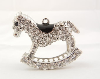 Large Rocking Horse Pendant Silver-tone Rhinestone Encrusted