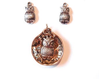 Set of Two Tone Owl Pendant and Charms