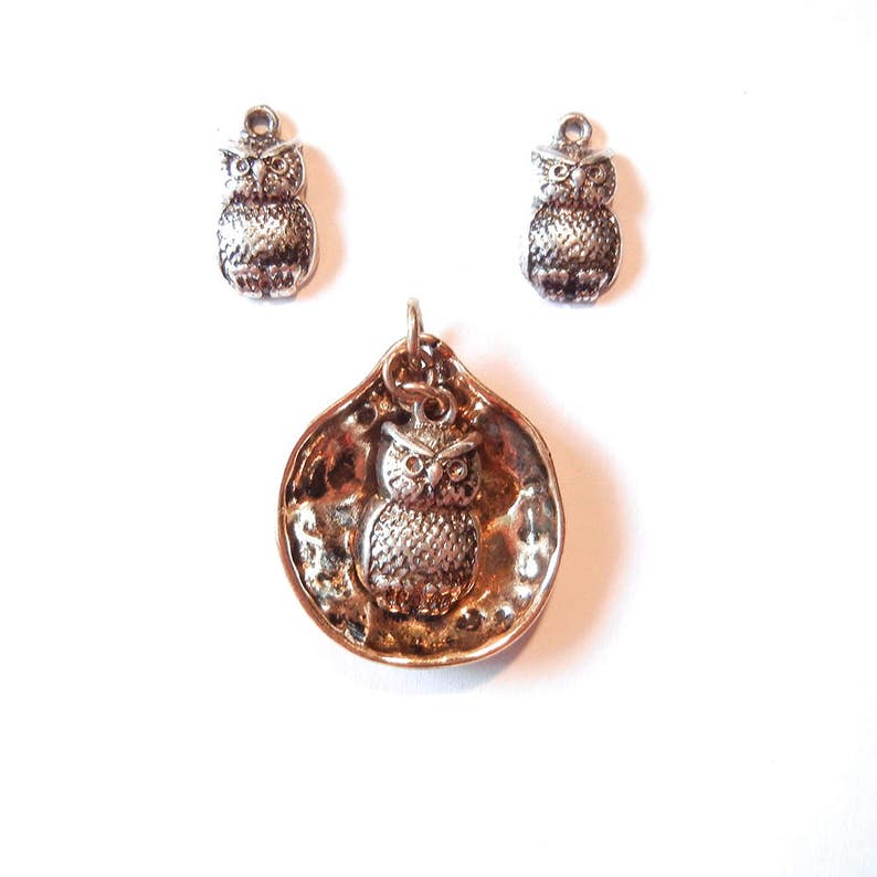 Set of Two Tone Owl Pendant and Charms image 1