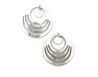 Pair of Round Matte Silver-tone Drop Charms Rhinestones