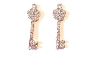 Small Pair of Rhinestone Skeleton Key with Flower-shape Top Charms