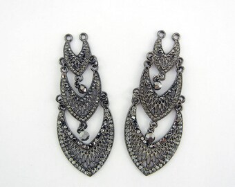 Pair of Hematite Filigree 3 Tier Drop Charms with Gray Rhinestone Edging