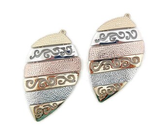 Large Tribal Shield Shaped Tri-tone Textured Drop Charms