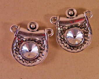 Pair of Small Abstract Silver-tone Double Link Charms with Pointed Rhinestone