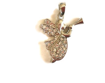 Flying Angel Blowing Horn Pendant Rhinestone Encrusted Silver-tone