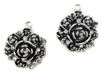 Pair of Antique Silver-tone Flower Charms Accented with Rhinestones