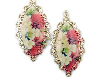 Pair of Gold-tone Flower Print Drop Charms Marquis Shape