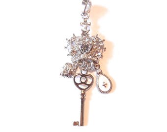 Silver-tone Crown Rhinestone Encrusted Pendant with Charm Links