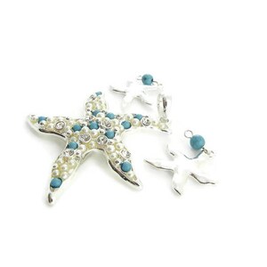 Set of Silver-tone Starfish Pendant and Charms Turquoise Cabochons Rhinestones image 2